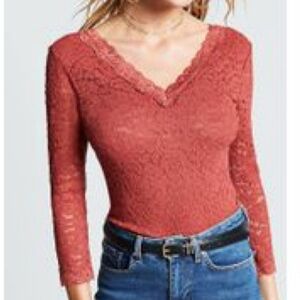Ambiance Burnt Orange Lace V-neck Long Sleeve Top Size Women's Medium